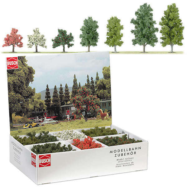 Busch 6334 HO Scale Assorted Small Trees in Point-of-Purchase Display - 45 Trees Total -- 8 Each White & Pink Blossom, 12 Apple, 9 Booking, 8 Birches - Tallest 5-7/8"