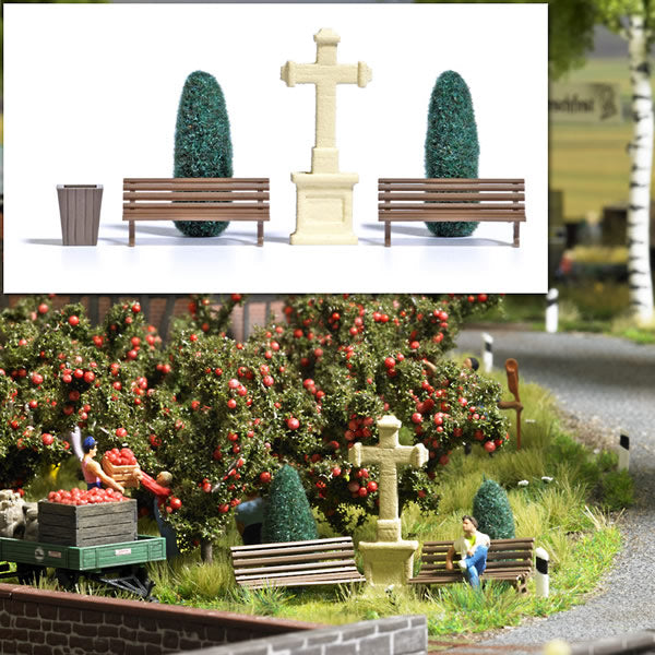 Busch 8110 N Scale Stone Cross Scene -- Stone Cross, 2 Trees, 2 Benches & Garbage Can