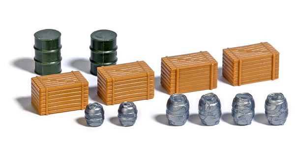 Busch 7784 HO Scale Barrels & Crates -- 2 Oil Drums, 6 Beer Barrels & 4 Wooden Crates