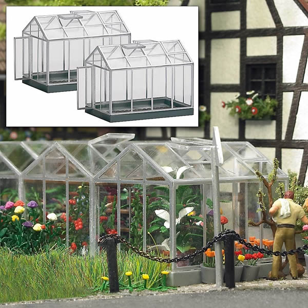 Busch 1400 HO Scale Greenhouses - Kit -- Each measures: 1-9/16 x 1 x 1-1/4" 4 x 2.5 x 3.1cm pkg(2)