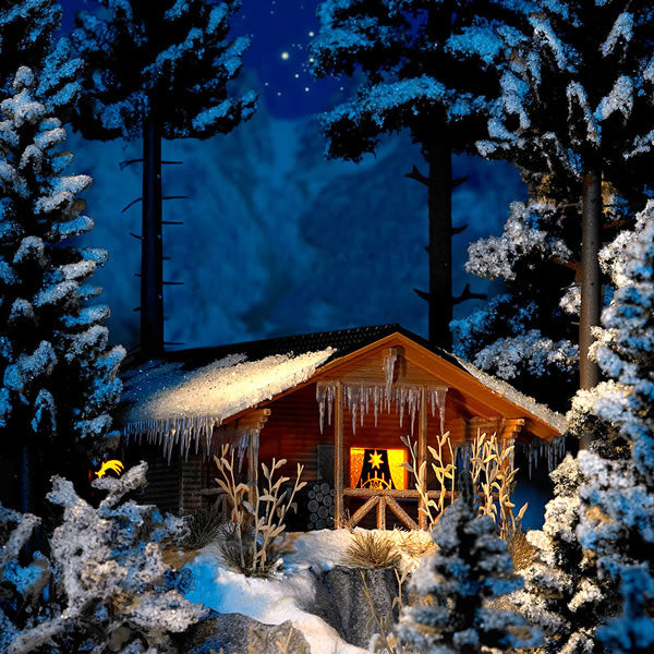 Busch 1085 HO Scale Wintry Wood Cottage w/Interior Illumination -- 111 x 92 x 50mm
