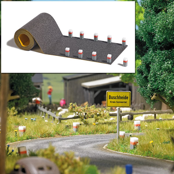 Busch 1122 HO Scale Traffic Control Markers and Roadway Section -- 10 Stones and 1 Self-Adhesive Asphalt Road 2-3/16 x 19-11/16" 5.5 x 50cm