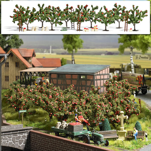 Busch 6620 HO Scale Apple Orchard Harvest Scene w/Details -- 10 Trees, Field Crates, Ladders & Sacks