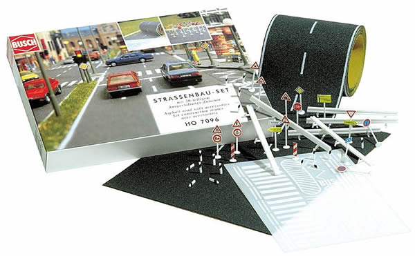 Busch 7096 HO Scale Road Construction Set -- 78-3/4"  2m of Paved Road, Paved Area Mat & 50 European Signs