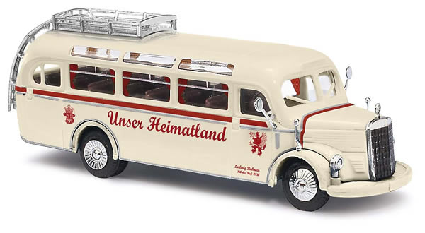 Busch 41010 HO Scale 1949 Mercedes-Benz O-3500 Bus - Assembled -- Unser Heimatland (ivory, maroon, German Lettering)