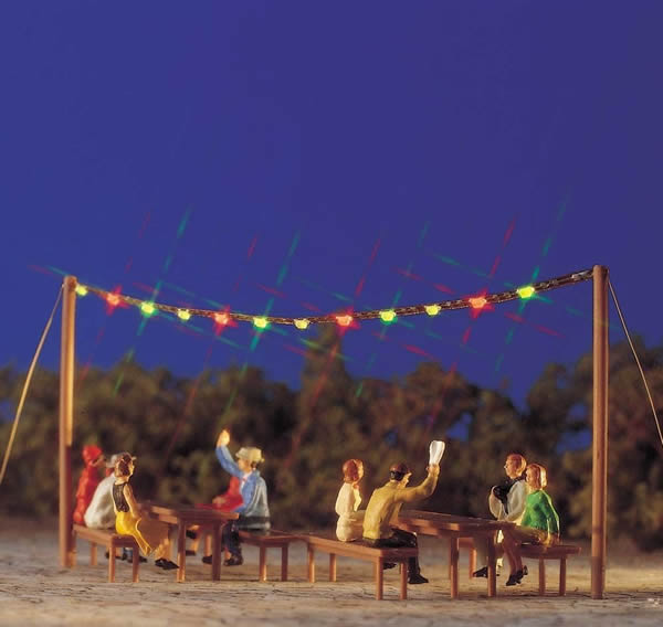 Busch 5408 HO Scale Summer Night Party Set -- Garland w/12 Colored Lights, 2 Wooden Masts, 4 Benches & 2 Tables