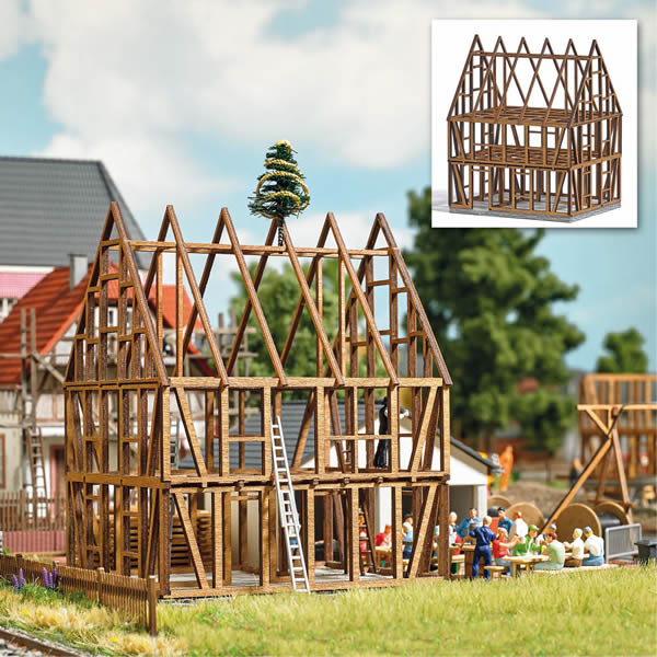 Busch 1370 HO Scale Half-Timbered House Frame Under Construction -- Laser-Cut Kit - 3-3/8 x 2-15/16 x 4-1/4"  8.5 x 7.4 x 10.8cm