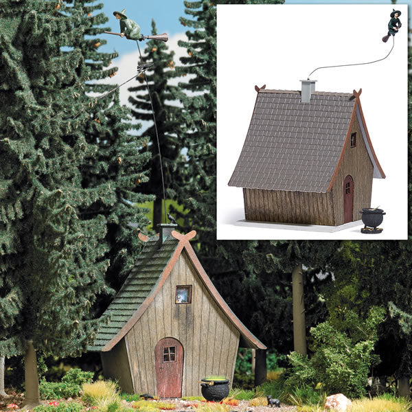 Busch 1679 HO Scale Witch's Cottage with Flying Witch -- Laser-Cut Wood Kit - 2-1/2 x 2 x 2-11/16" 6.4 x 5.2 x 6.8cm