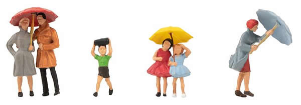 Faller 150953 HO Scale Passers-By with Umbrellas -- pkg(6)