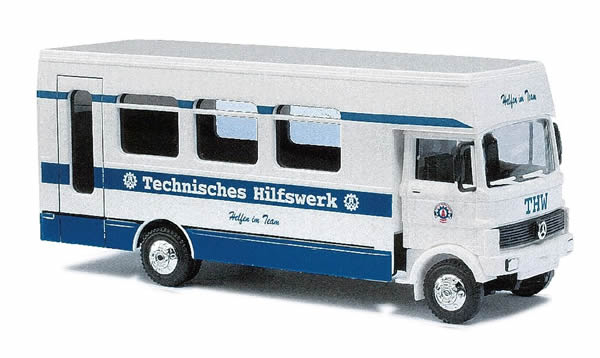 Busch 40784 HO Scale Emergency 1992 Mercedes-Benz LP809 w/Bus Body - Assembled -- Technisches Hilfswerk THW (blue, white, German Lettering)