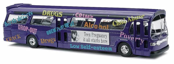 Busch 44504 HO Scale 1959 GMC TDH-5301 Fishbowl City Bus - Assembled -- Teen Pregnancy Information Campaign Bus