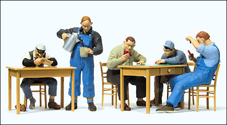 Preiser 65357 O Scale Railroad Personnel -- US Railroad Personnel on Break, Loose Chairs & Table Included, pkg(5)