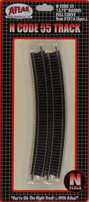 Atlas Model Railroad 2016 N Scale Code 55 Track w/Nickel-Silver Rail & Brown Ties -- 13-3/4" Radius Curve pkg(6)