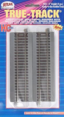 Atlas Model Railroad 451 HO Scale True-Track(R) Code 83 Track & Roadbed System -- Straight Section - 6" 15.2cm pkg(4)