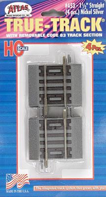 Atlas Model Railroad 453 HO Scale True-Track(R) Code 83 Track & Roadbed System -- Straight Section - 1-1/2" 3.2cm pkg(4)