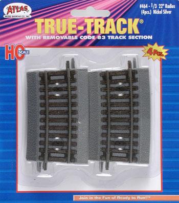 Atlas Model Railroad 464 HO Scale True-Track (R) Code 83 Track & Roadbed System -- 1/3 22" Radius Curve Section pkg(4)