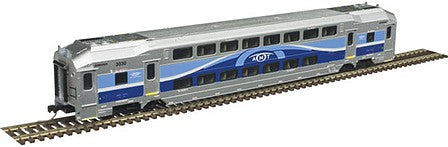 Atlas Model Railroad 50004394 N Scale Multi-Level Commuter Coach Trailer - Ready to Run -- Montreal Metropolitan Transportation Network AMT 3091 (blue, silver, white)