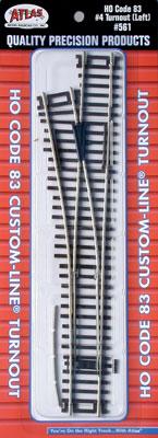 Atlas Model Railroad 561 HO Scale Code 83 Custom-Line(R) Turnout w/Nickel-Silver Rail & Brown Ties -- #4 Left Hand