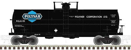 Atlas O 3005522 O Scale 11,000-Gallon Tank Car with Platform - 3-Rail - Ready to Run - Master(R) -- Polysar PCLX (black, blue, white)