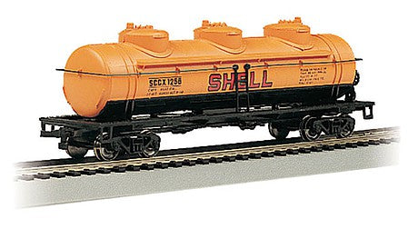 Bachmann 17107 HO Scale 40' 3-Dome Tank Car - Ready to Run - Silver Series(R) -- Shell 1258 (orange, black, red)