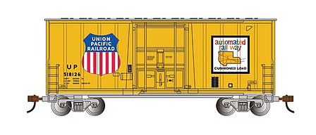 Bachmann 18205 HO Scale 40' Steel Hi-Cube, Plug-Door Boxcar - Ready to Run -- Union Pacific #518126 (Armour Yellow, silver; Automated Railway Map Logo)