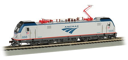 Bachmann 67407 HO Scale Siemens ACS-64 Electric - DCC and Sound -- Amtrak 668 (Phase V, silver, blue, red, black, Travelscape Logo)