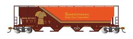 Bachmann 73802 HO Scale Canadian Cylindrical 4-Bay Grain Hopper with FRED - Ready to Run -- Saskachewan Grain Car Corp. SKNX #397135 (orange, brown, yellow)