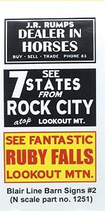 Blair Line 1251 N Scale Barn Sign Decals -- Set #2 - Dealer In Horses, See Ruby Falls, See Rock City