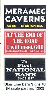 Blair Line 1252 N Scale Barn Sign Decals -- Set #3 - Meramac Caverns, Will Meet God, First National Bank