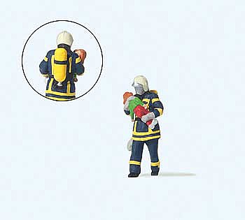 Preiser 28251 HO Scale Modern Firefighter Saving Child Individual Figure -- Blue Uniform