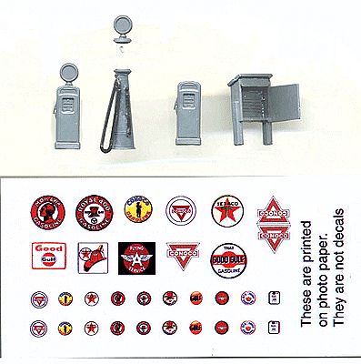 Grandt Line 5314 HO Scale Gas Pump Set -- 1 Each of 3 Styles w/Printed Gas Logo Sheet