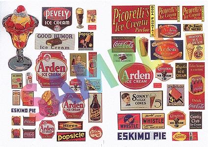 JL Innovative Design 422 HO Scale Vintage Detail Signs - Package of 49 -- Ice Cream/Soda Fountain Signs 40's-50's