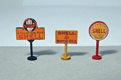 JL Innovative Design 464 HO Scale Vintage Gas Station Curb Signs -- Shell pkg(3)