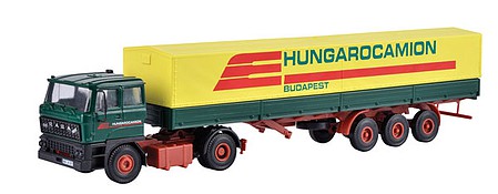 Kibri 14699 HO Scale Raba 2-Axle Tractor with Low-Side Tarp Trailer - Kit -- Hungarocamion (green, red, yellow, German Lettering)