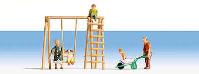 Noch 15589 HO Scale Grandparents and Grandchildren with Accessories -- 5 Figures; Swing Set, Wheelbarrow