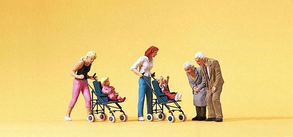 Preiser 10493 HO Scale Pedestrians -- Mothers w/Children In Strollers & Grandparents