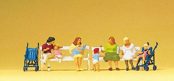 Preiser 10522 HO Scale Pedestrians -- Seated Women, Carriages, Benches (4 Women, 4 Children, 2 Carriages, 2 Benches)