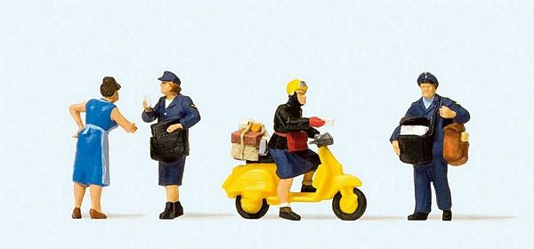 Preiser 10610 HO Scale People Working German Federal Postal Workers -- 1 Man w/Mail Pouches, Woman on Scooter, 2 Female Workers