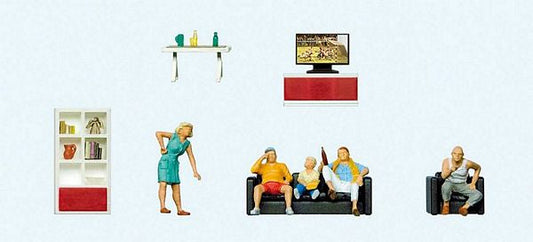 Preiser 10649 HO Scale Family Watching Television -- 5 Figures & Living Room Furniture