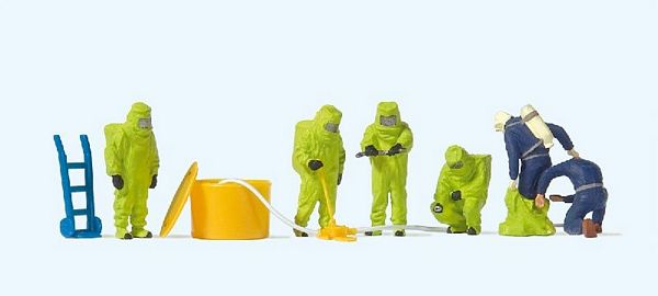 Preiser 10731 HO Scale Firemen in Green Hazmat Suits -- pkg(6)