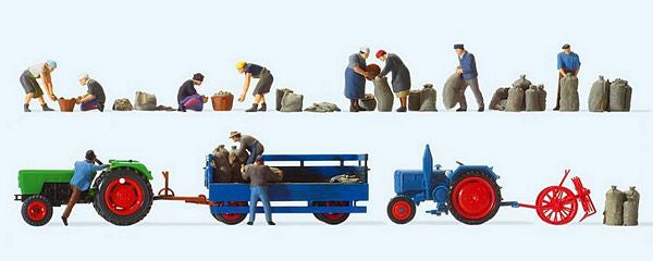 Preiser 13008 HO Scale Farm Machinery -- Potato Harvest Set w/2 Tractors, Trailer, Harvester, Figures, Accessories