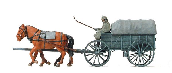 Preiser 16570 HO Scale Former German Army WWII Horse-Drawn Transport (Plastic Kit) -- Hf 1 Field Wagon w/2 Figures & 2 Horses (Unpainted)