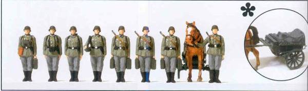 Preiser 16585 HO Scale Former German Army WWII - Unpainted Figures -- Infantry Riflemen w/Mortar & Horse, Lined Up pkg(9)