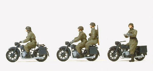 Preiser 16598 HO Scale Former German Army WWII - Motorcycle Troops -- Motorcycle Crew w/BMW R 12 Motorcycles (Unpainted)