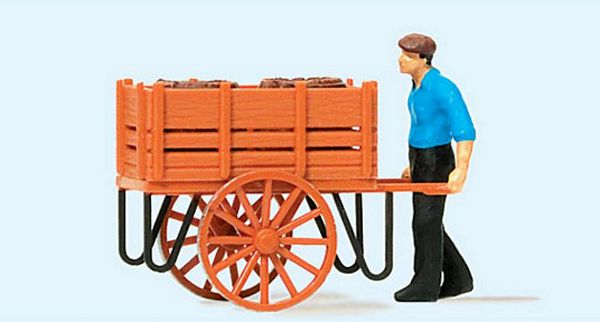 Preiser 28131 HO Scale Individual Figure -- Worker Pushing Handcart w/Load of Barrels
