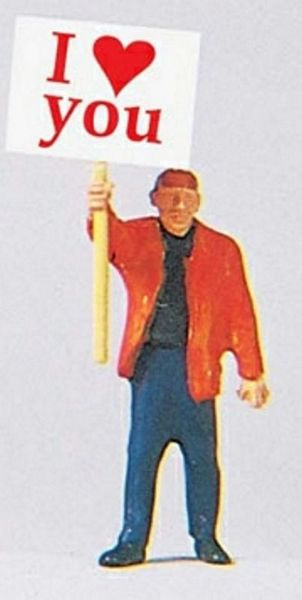 Preiser 29039 HO Scale Individual Figure - Pedestrian -- Man w/I Love You Signboard