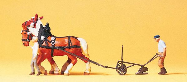 Preiser 30431 HO Scale Animal-Drawn Farm Equipment -- Farmer w/Horse-Drawn Plow