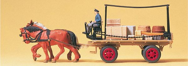 Preiser 30434 HO Scale Horse-Drawn Wagon -- Flatbed Wagon w/Driver, Horses & Cargo