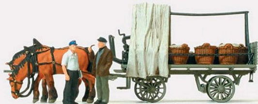 Preiser 30449 HO Scale Working People -- Farm Wagon w/Vegetable Baskets, Horses & Figures