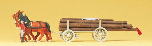 Preiser 30465 HO Scale Horse-Drawn Wagon -- Log Wagon w/Driver & Load